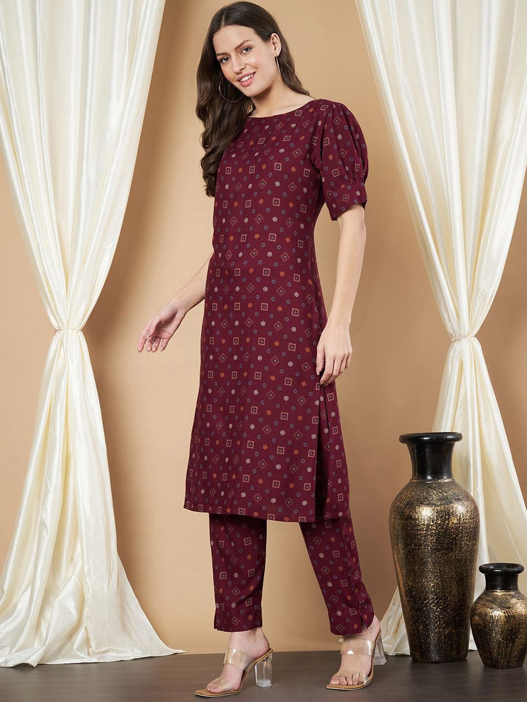 Label Khoj Women's Maroon Printed Rayon Cord Set