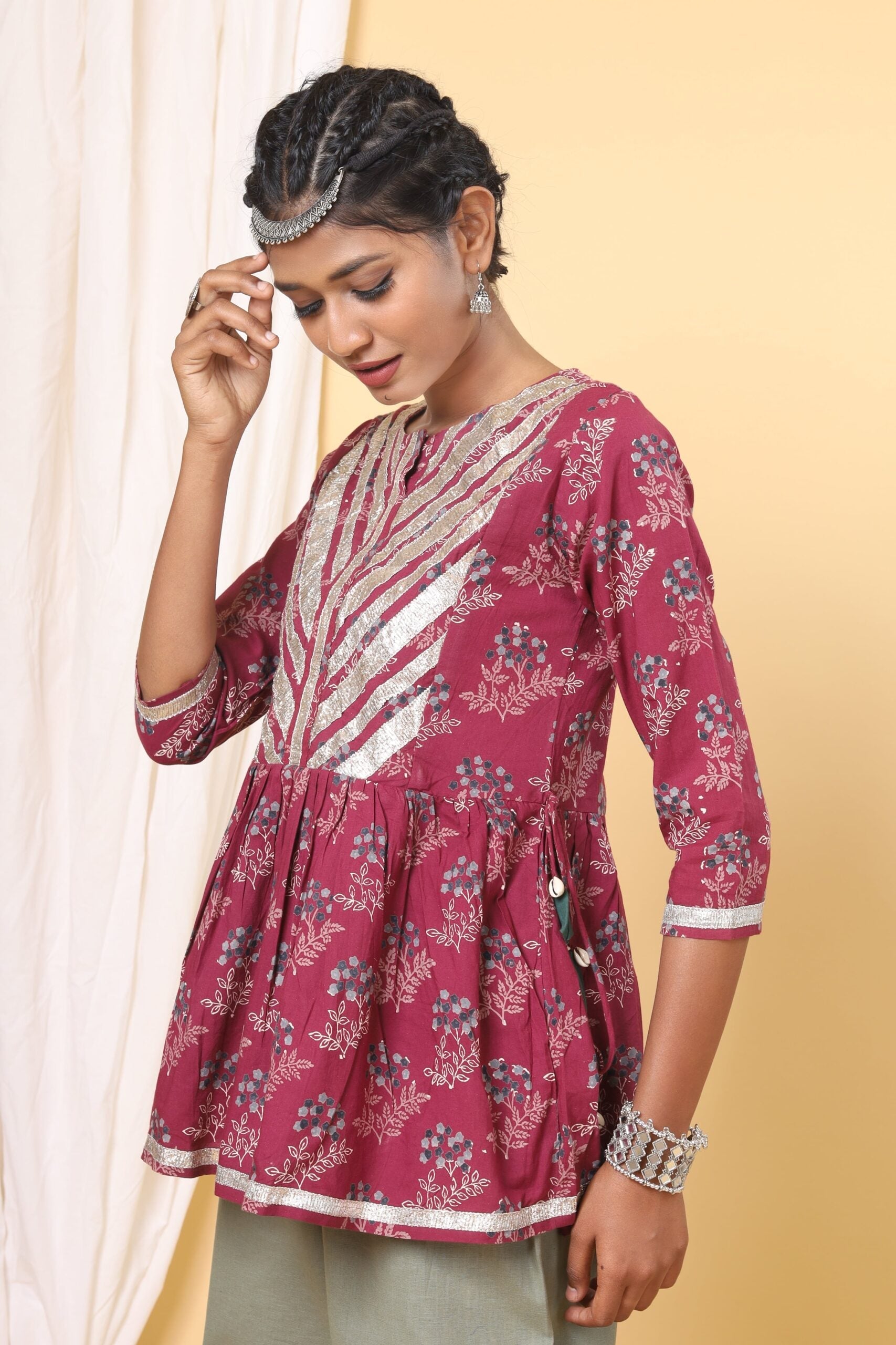 Wine Colour Gota Detailed Handblock Printed Top