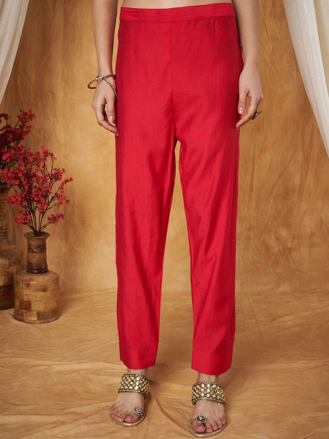 Label Khoj Women's Red Silk Blend Embroidery Kurta with Pant and Dupatta