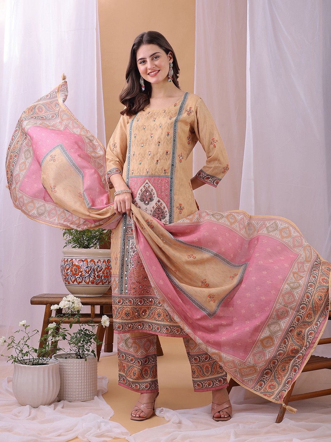 Label Khoj Women's Silk Blend Handwork Kurta with Pant and Dupatta