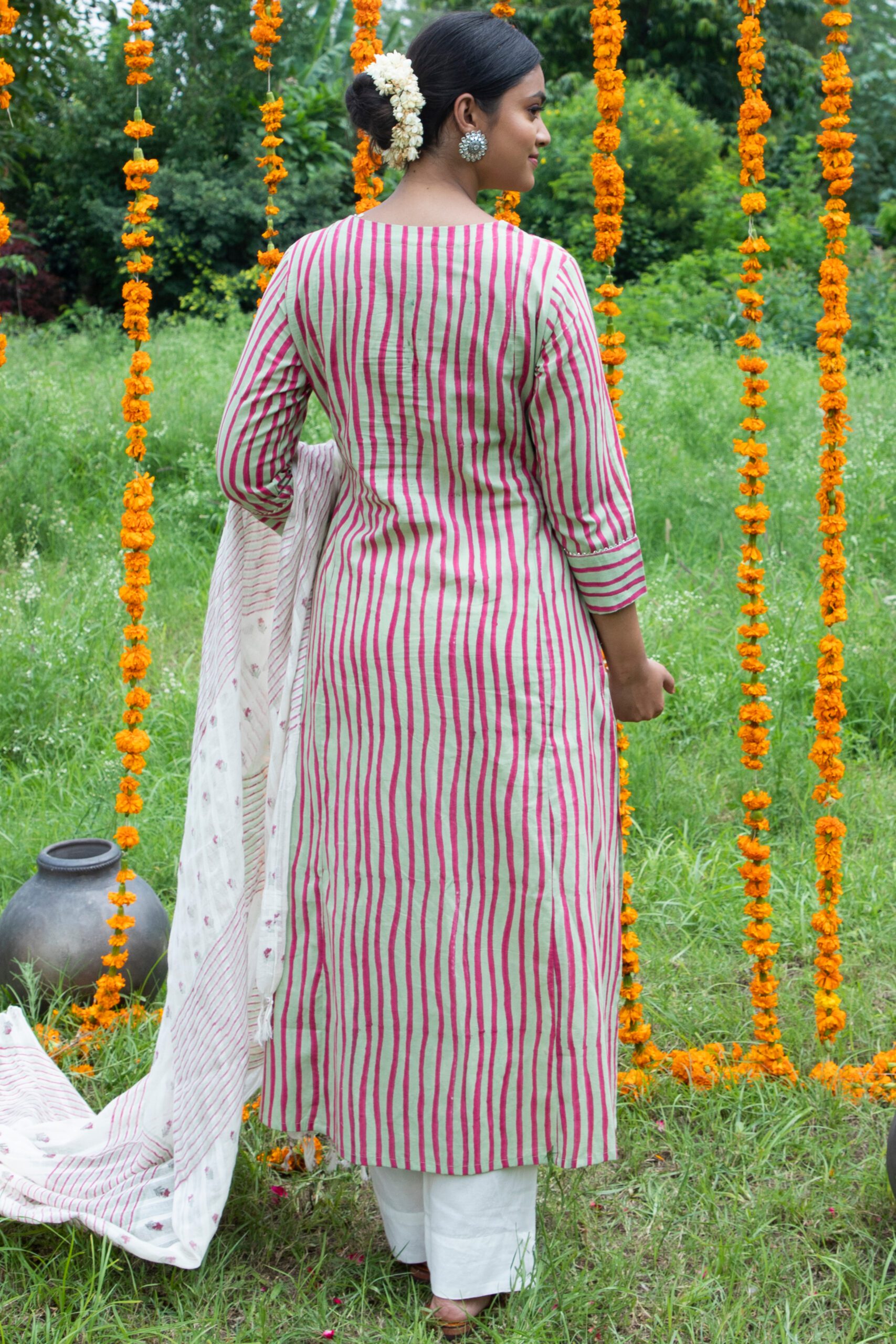 Shuddhi Pink And Green Stripes A line  Kurta Duppatta Set