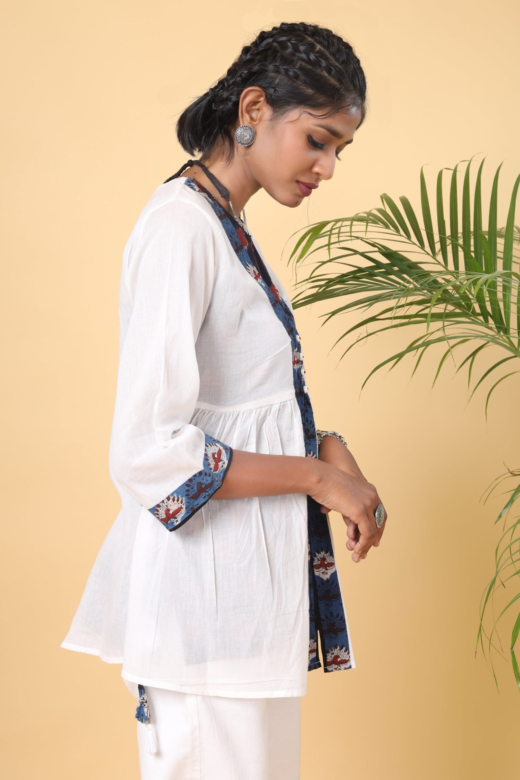 White and Indigo Handblock Printed Tier Short Top