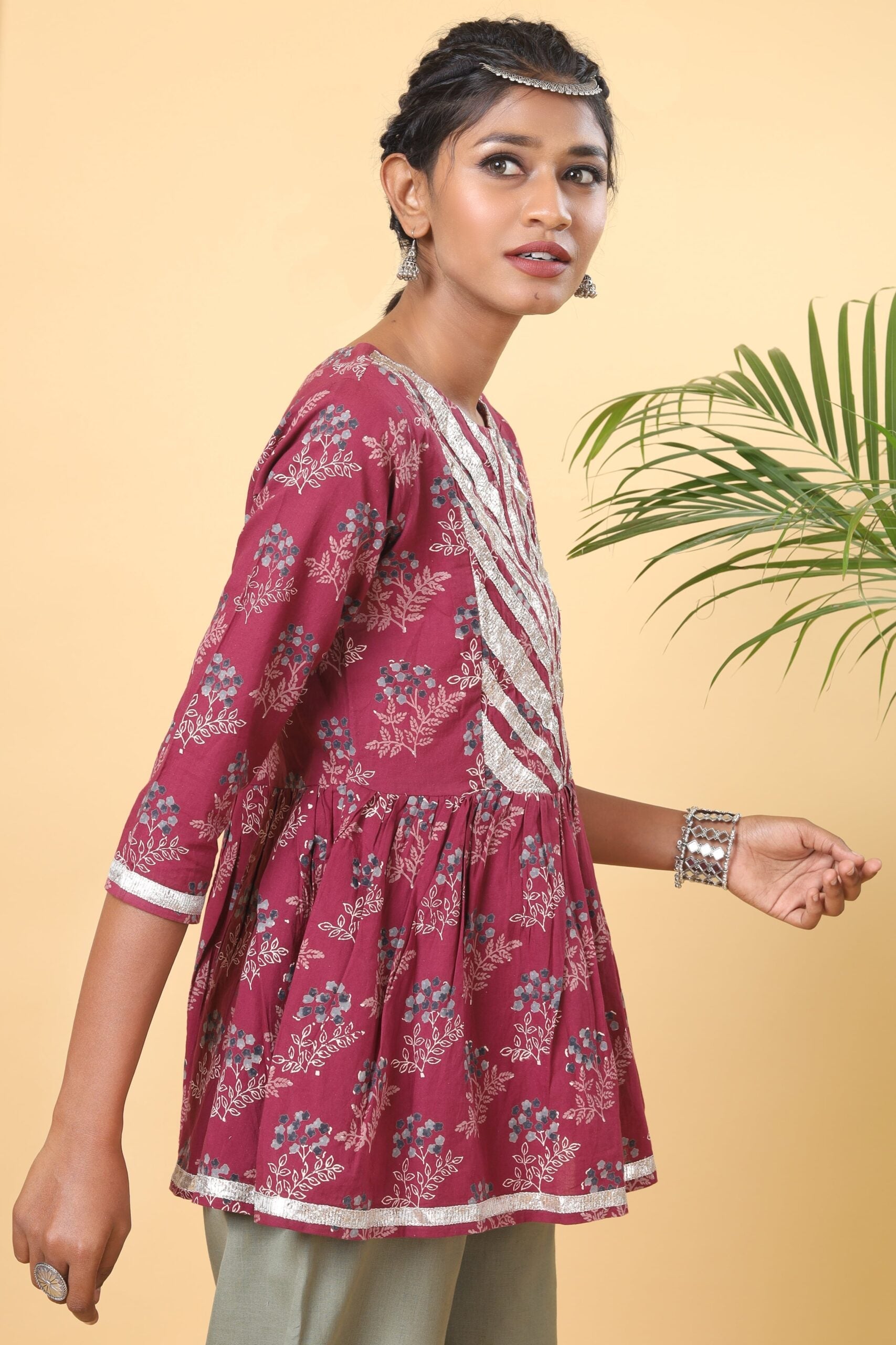Wine Colour Gota Detailed Handblock Printed Top