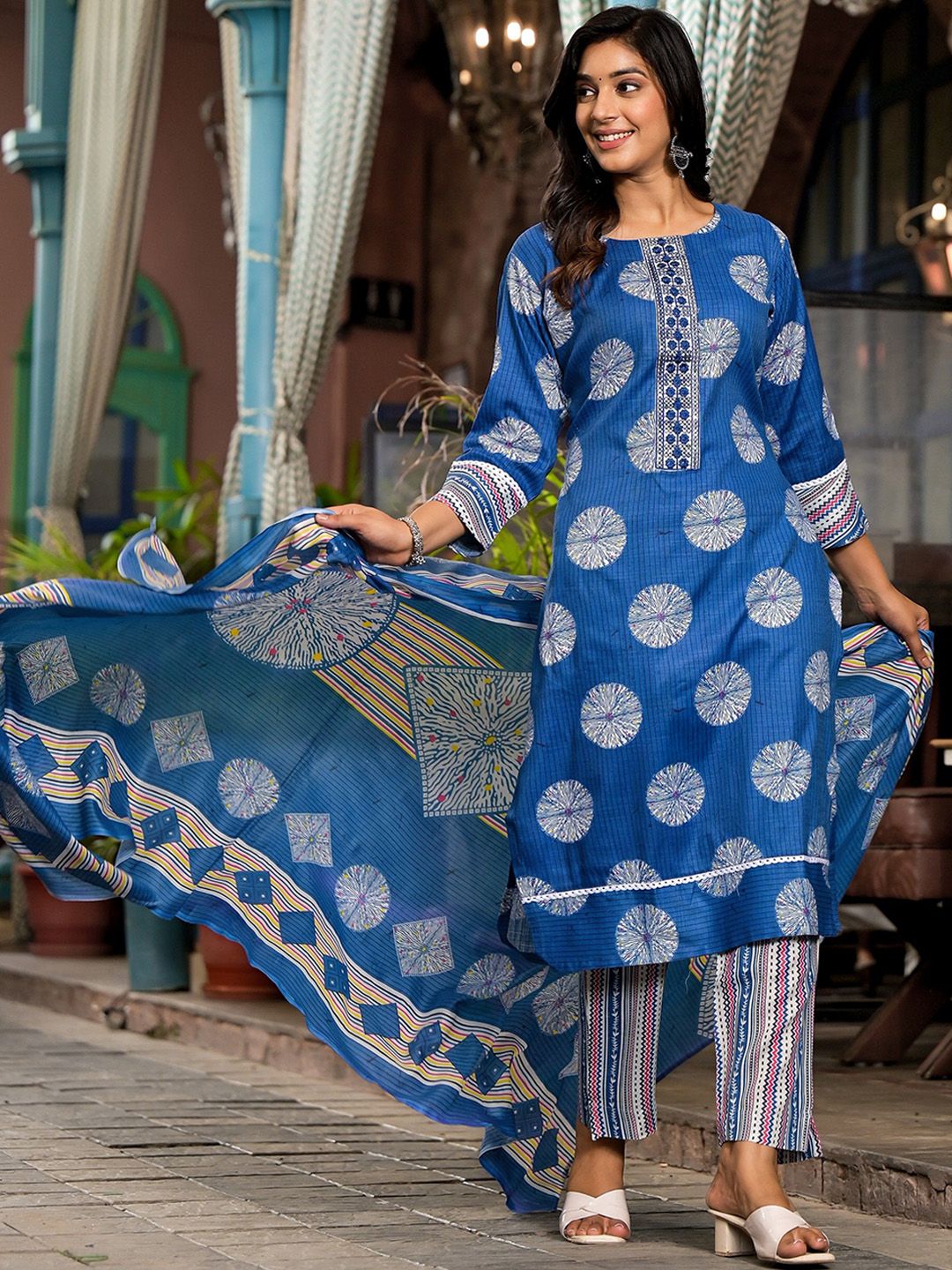 Label Khoj Women Cotton Printed Kurta And Trouser With Dupptta Set Cotton Blue Color
