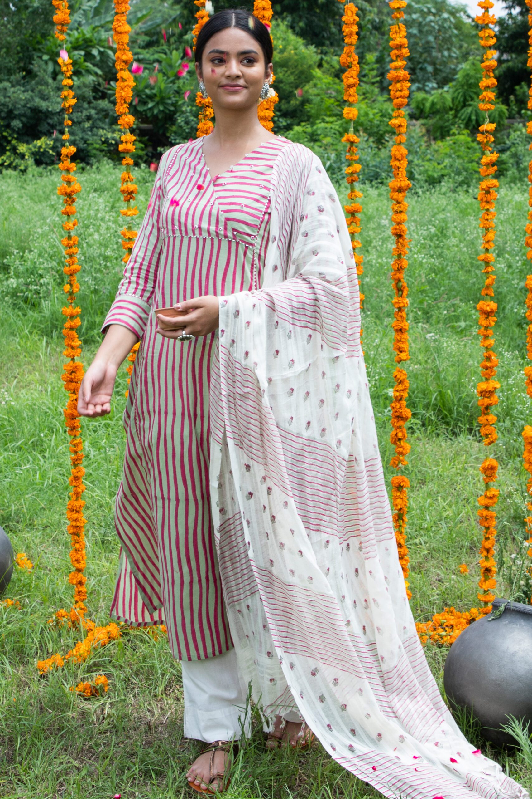 Shuddhi Pink And Green Stripes A line  Kurta Duppatta Set