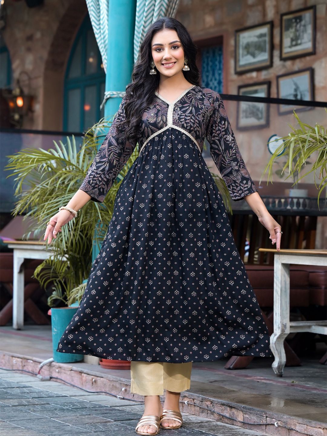 Label Khoj Women Balck A line*Alia Kurti With *Pocket