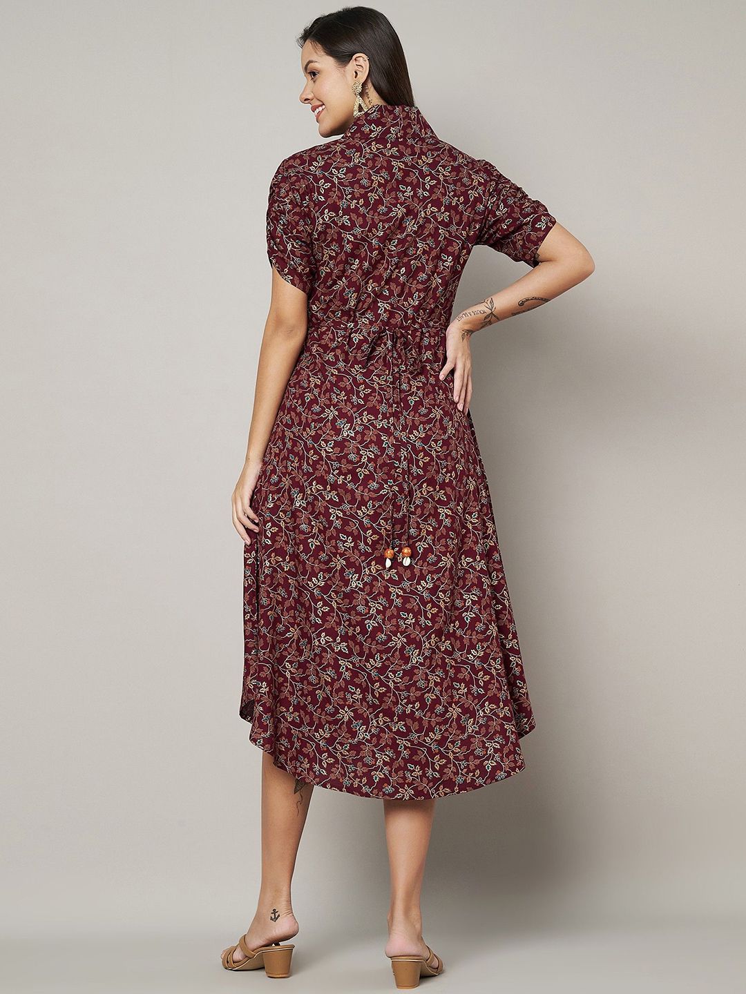 Label Khoj Women's Maroon Rayon Printed Midi Dress