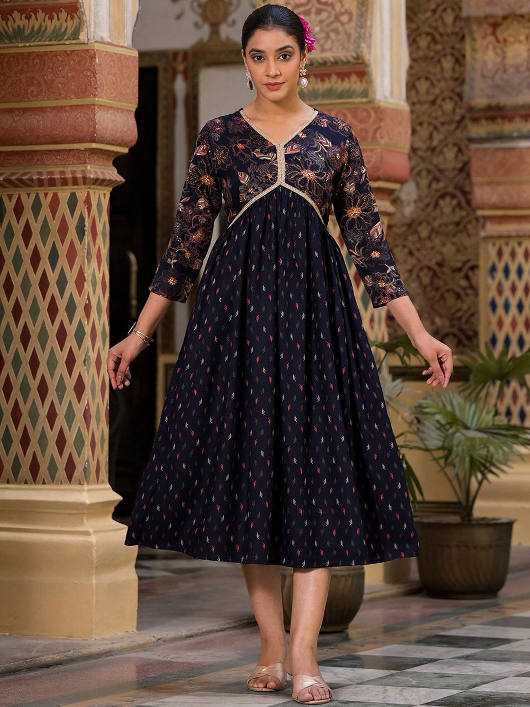 Label Khoj Women Rayon print A line Alia kurta with Pocket