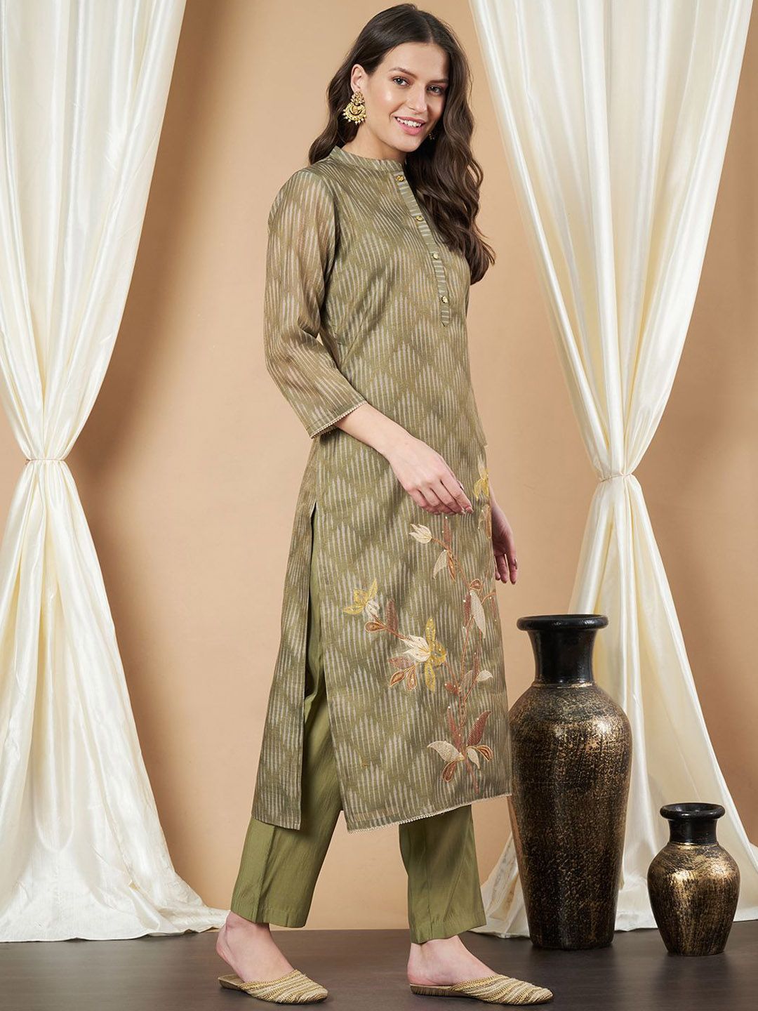 Label Khoj Women's Green Chanderi Button Embellished Kurta with Pant and Green Dupatta