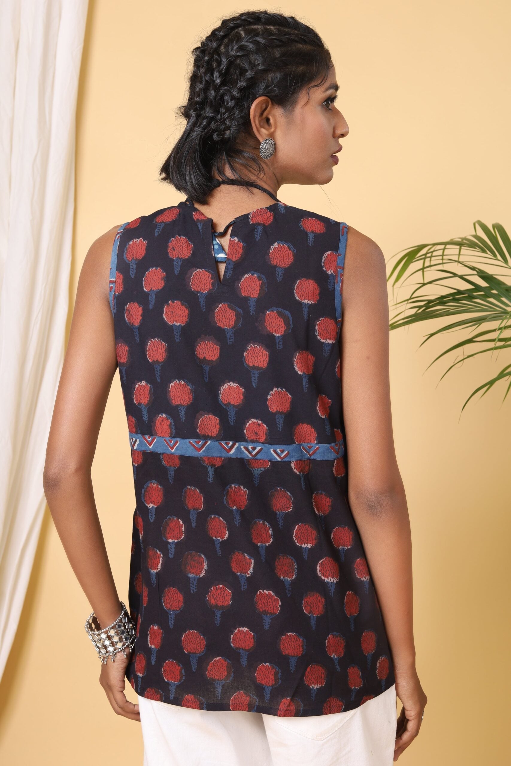 White and Indigo Handblock Printed Tier Short Top