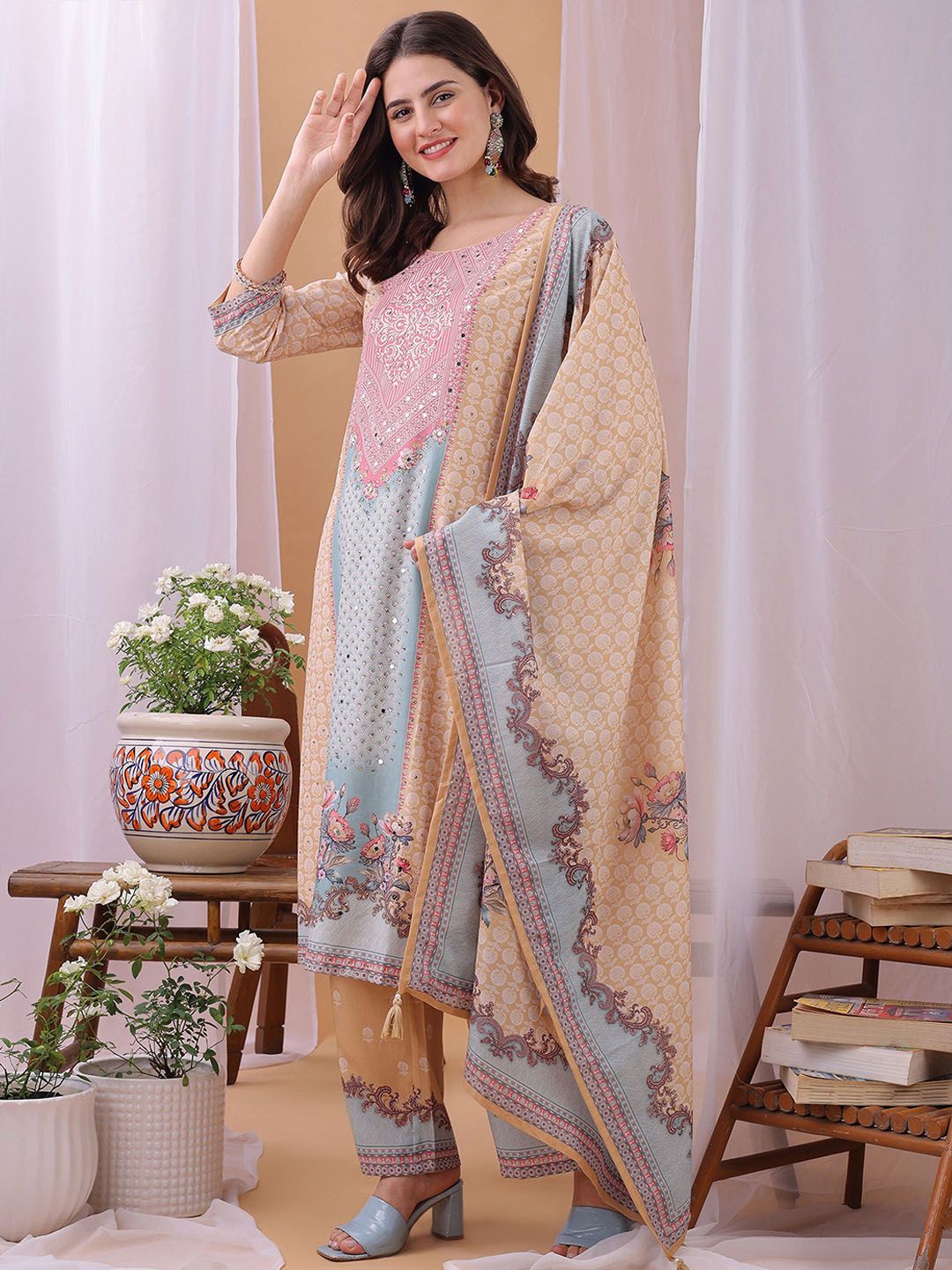 Label Khoj Women's Silk Blend Handwork Kurta with Pant and Dupatta