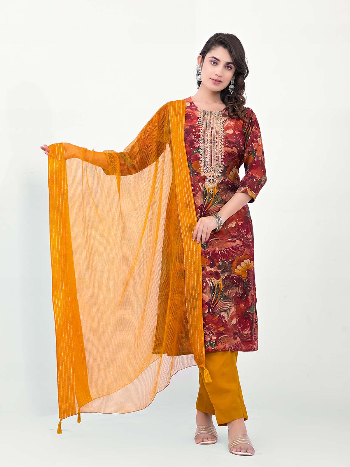 Label Khoj Women Silk blend Kurta ,trouser and dupptta set