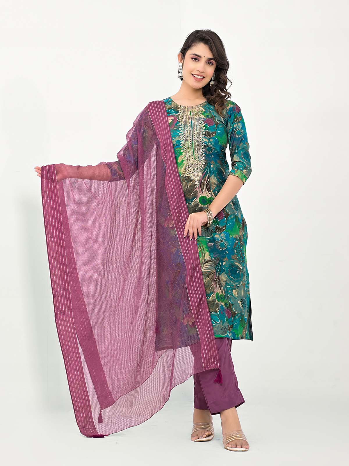 Label Khoj Women Silk blend Kurta ,trouser and dupptta set