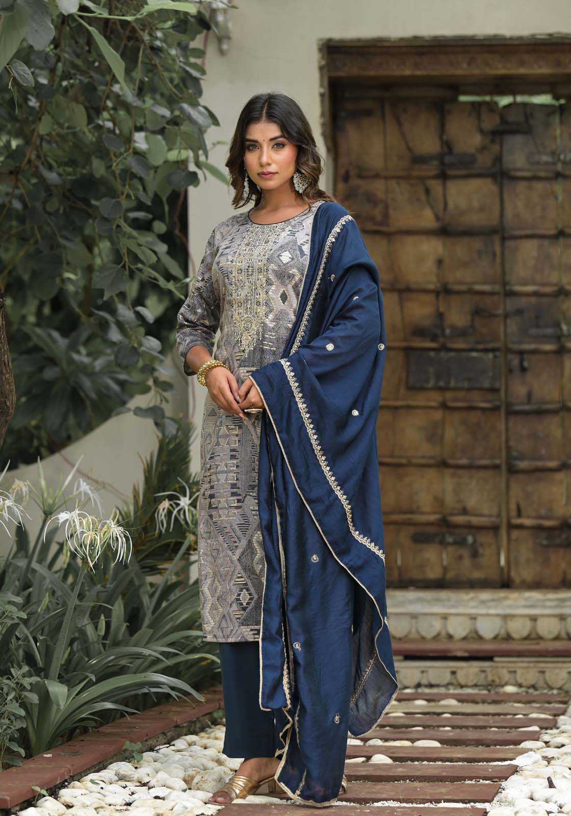Label Khoj Women Jam satin Kurta ,trouser and dupptta set