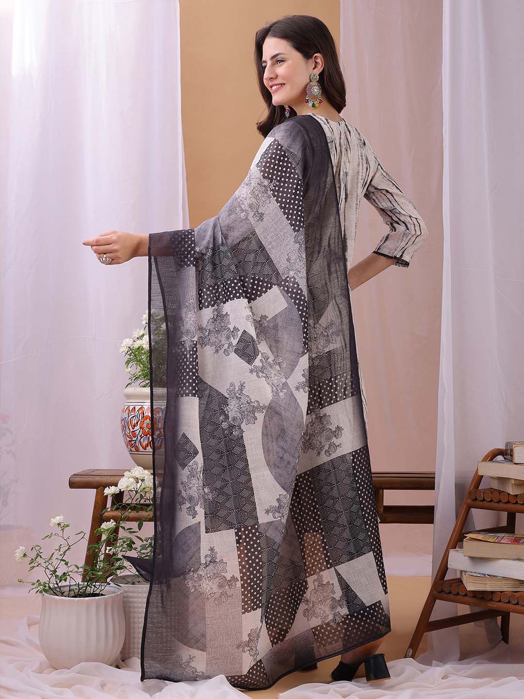 Label Khoj Women's Grey Linen Embroidered Kurta with Pant and Grey Dupatta