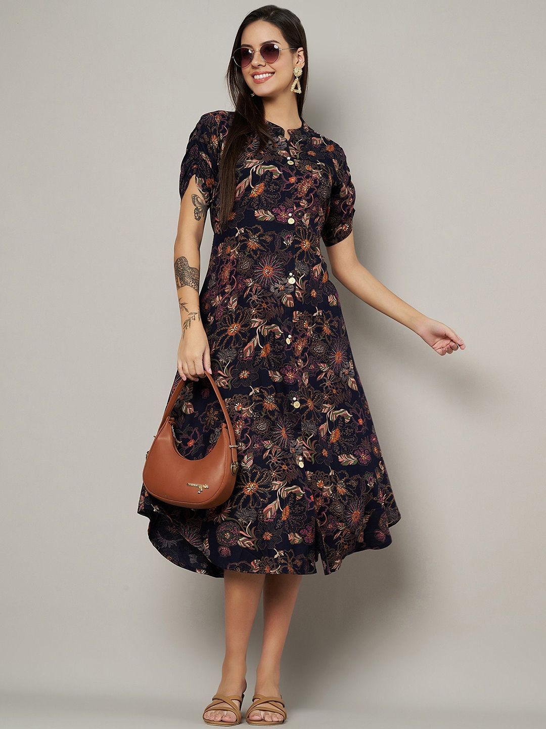Label Khoj Women's Blue Rayon Floral Printed Midi Dress