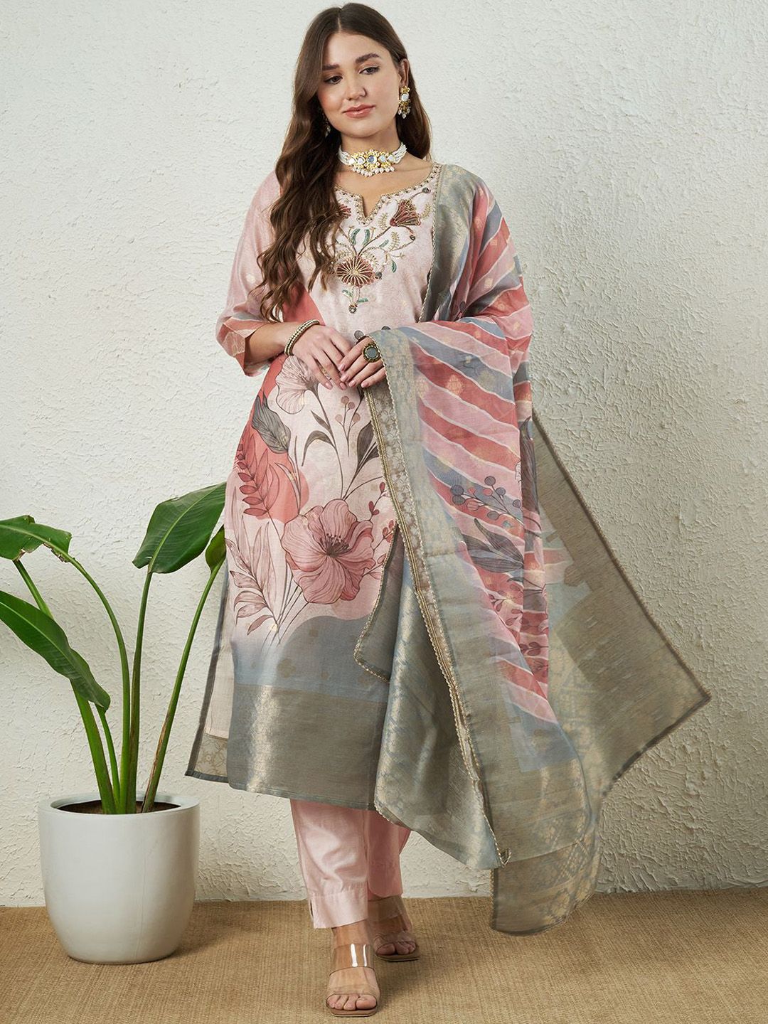 Label Khoj Women Silk Jacqured  Embroidery  Work Peach Color Kurta & Bottom With Dupatta  Set