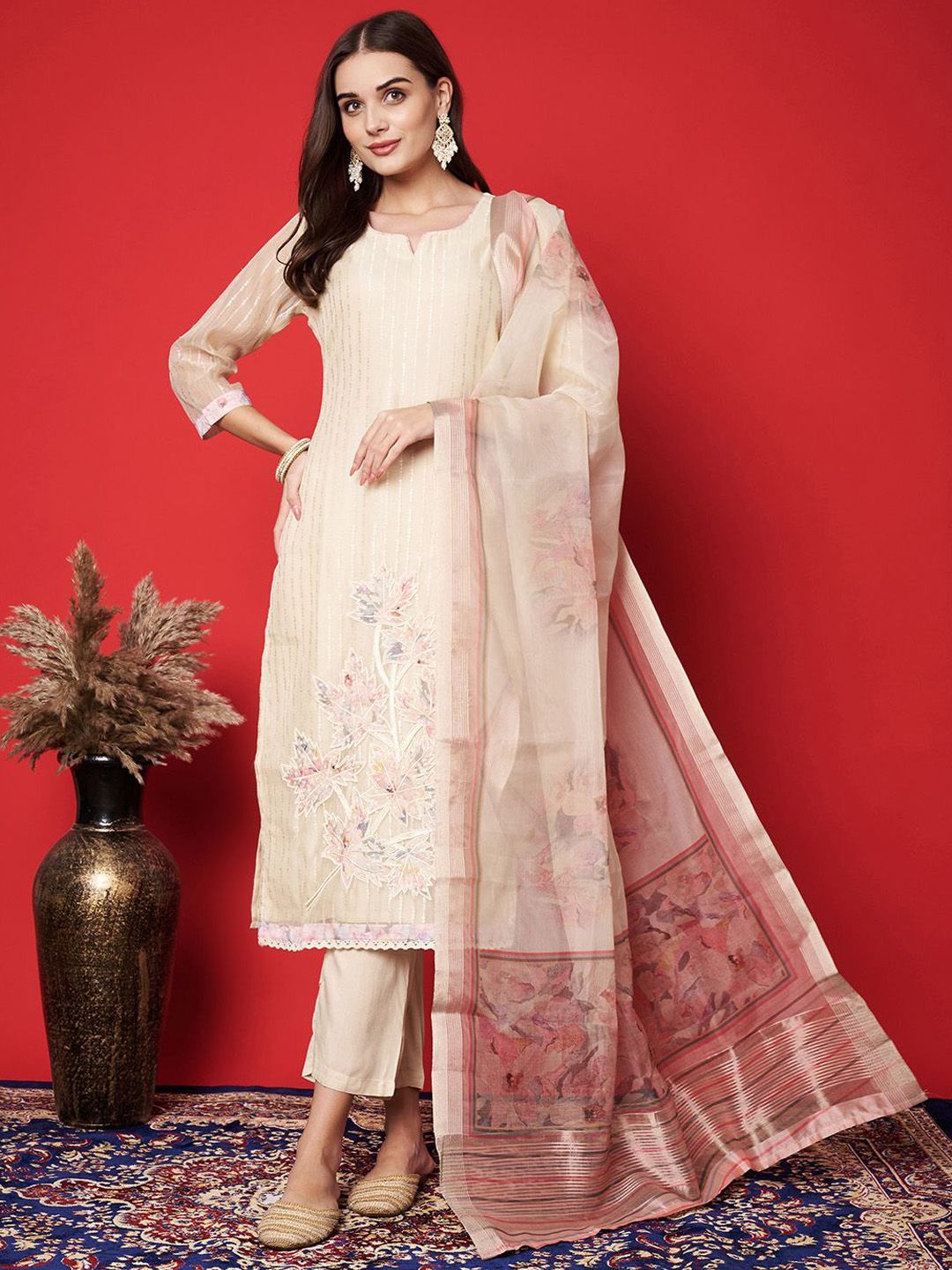 Label khoj chanderi Silk kurta with bottom and dupptta setPeach Color