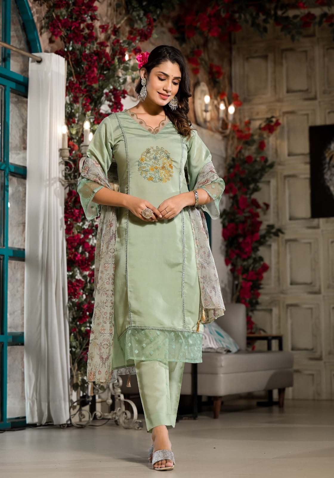 Label Khoj Women Silk blend Kurta ,trouser and dupptta set