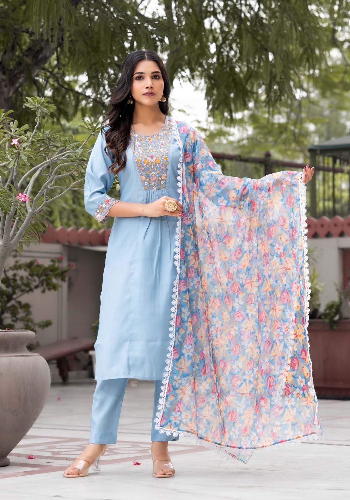 label khoj roman silk Kurta ,trouser and dupptta set