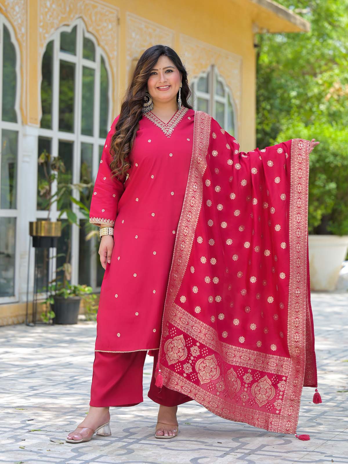 Label Khoj Women Roman Silk Embroidery  Work Rani Color Kurta & Bottom With Dupatta  Set