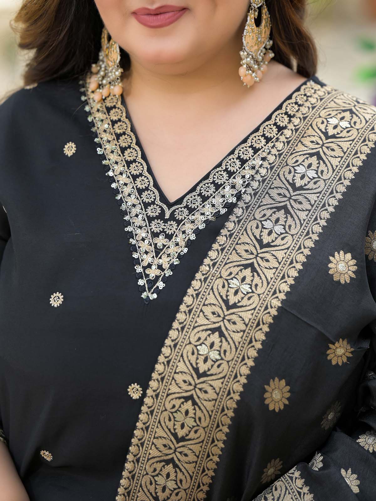Label Khoj Women Roman Silk Embroidery  Work Black Color Kurta & Bottom With Dupatta  Set