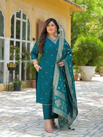 Label Khoj Women Roman Silk Embroidery  Work Firoji Color Kurta & Bottom With Dupatta  Set