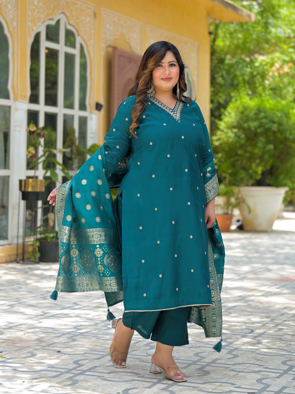 Label Khoj Women Roman Silk Embroidery  Work Firoji Color Kurta & Bottom With Dupatta  Set