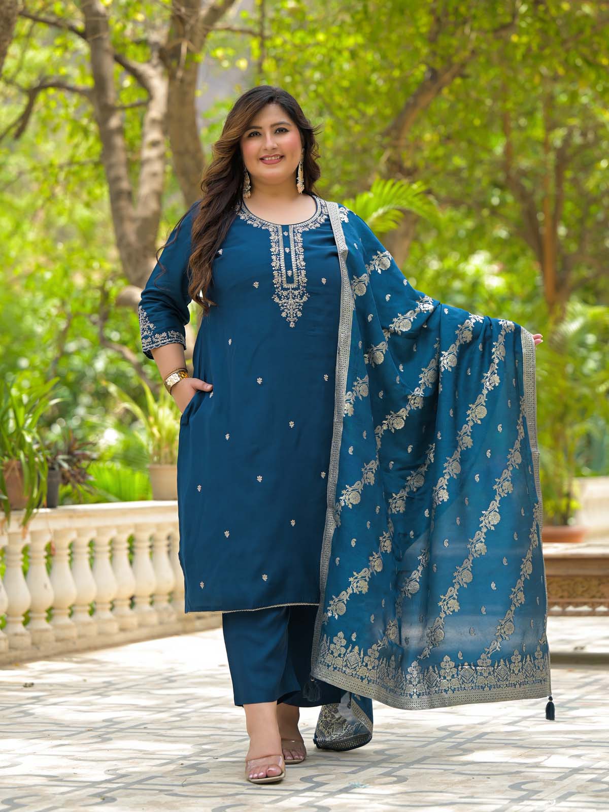 Label Khoj Women Roman Silk Embroidery  Work Blue Color Kurta & Bottom With Dupatta  Set