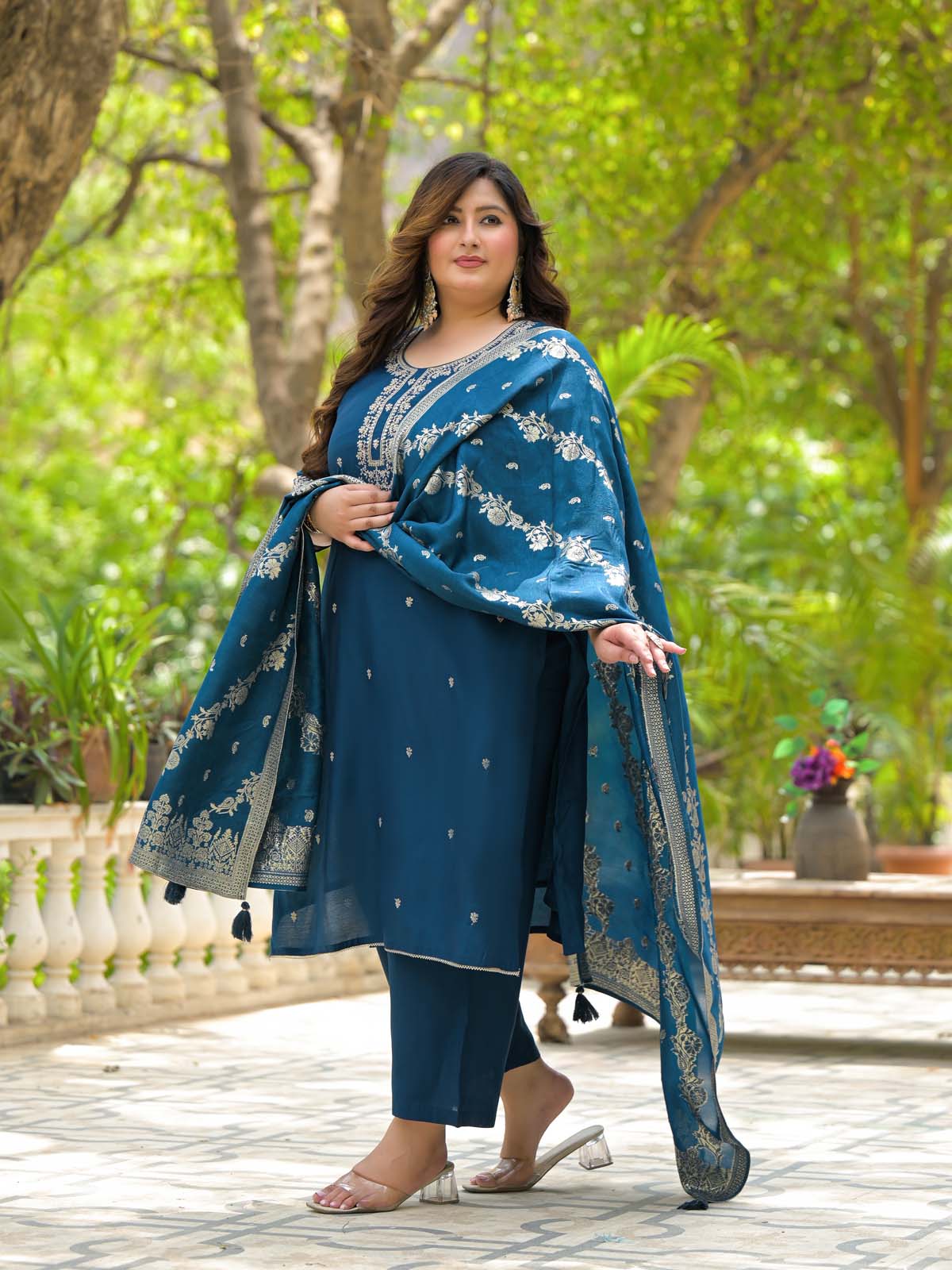 Label Khoj Women Roman Silk Embroidery  Work Blue Color Kurta & Bottom With Dupatta  Set