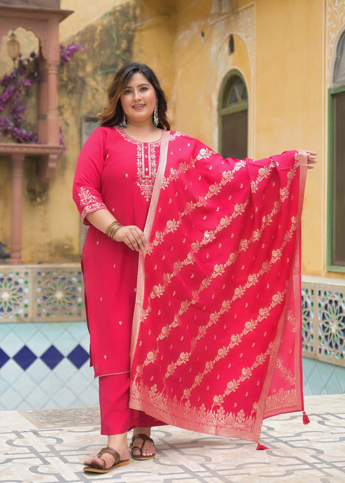 Label Khoj Women Roman Silk Embroidery  Work Rani Color Kurta & Bottom With Dupatta  Set
