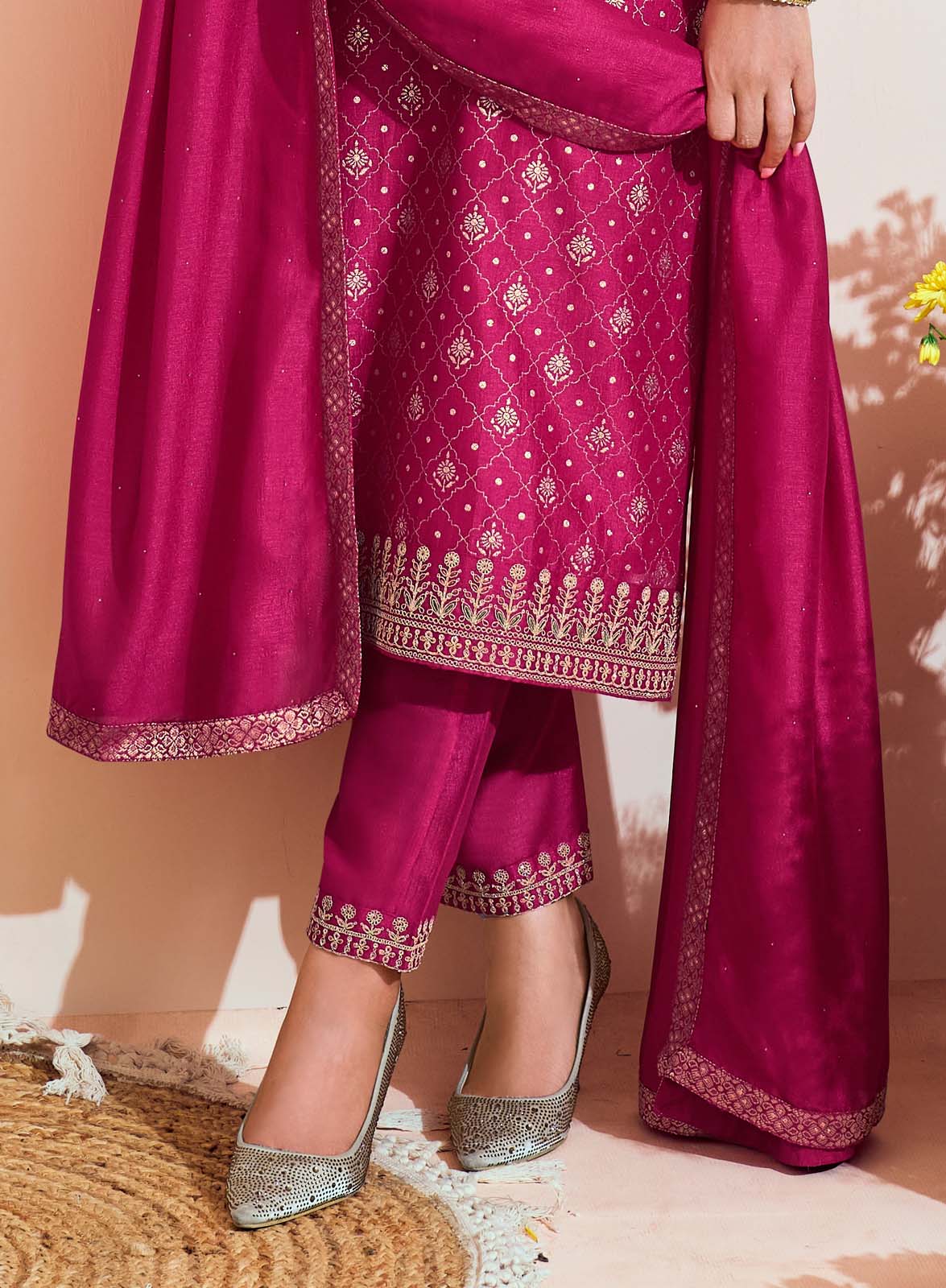 Label Khoj Women Vichitra silk Kurta ,trouser and dupptta set