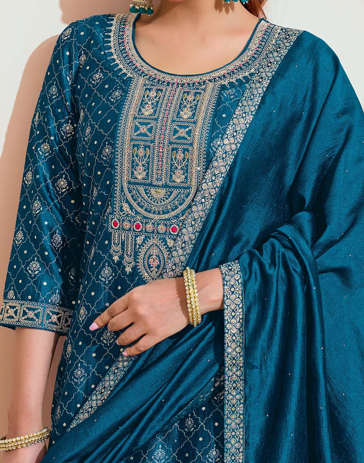 Label Khoj Women Vichitra silk Kurta ,trouser and dupptta set