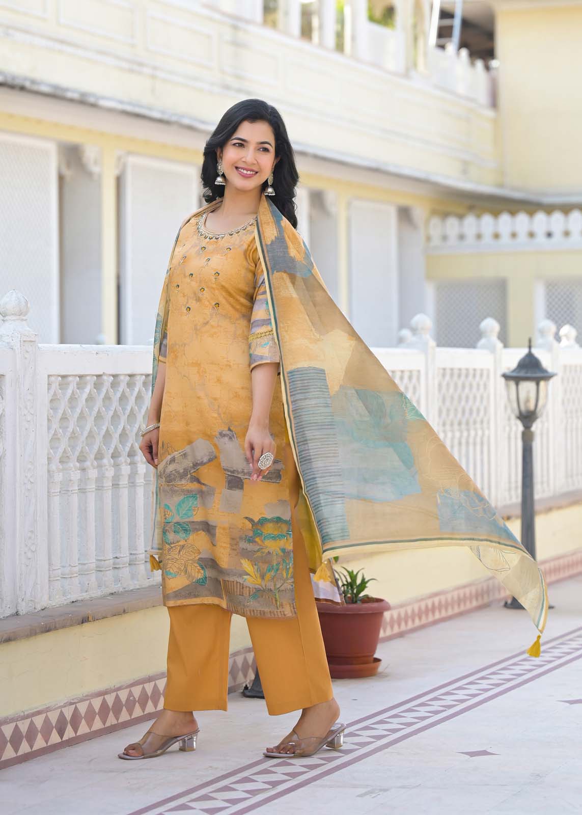 Label Khoj Women Lilen print kurta, trouser and dupptta set