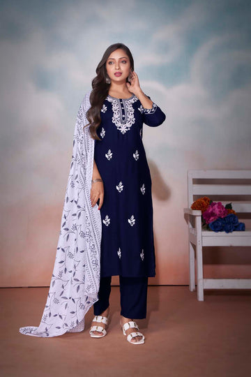 Label Khoj Women  heavy embroidery kurta trouser and Printed dupptta set