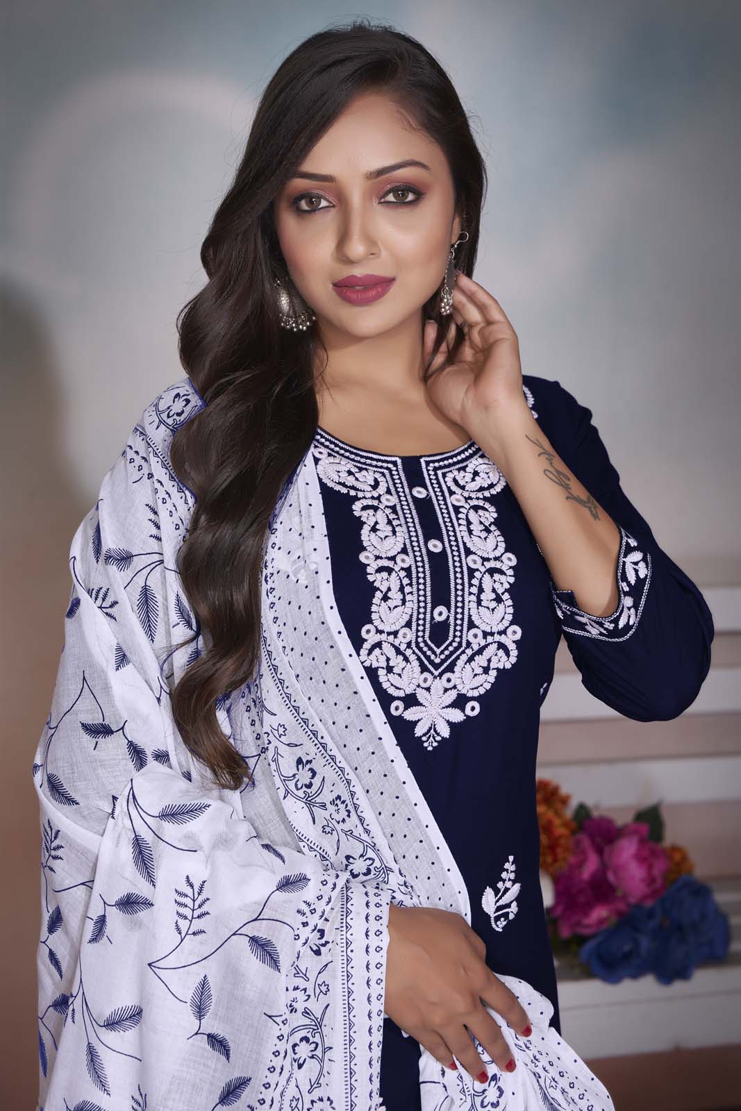 Label Khoj Women  heavy embroidery kurta trouser and Printed dupptta set