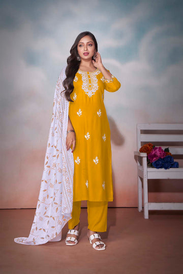 Label Khoj Women  heavy embroidery kurta trouser and Printed dupptta set