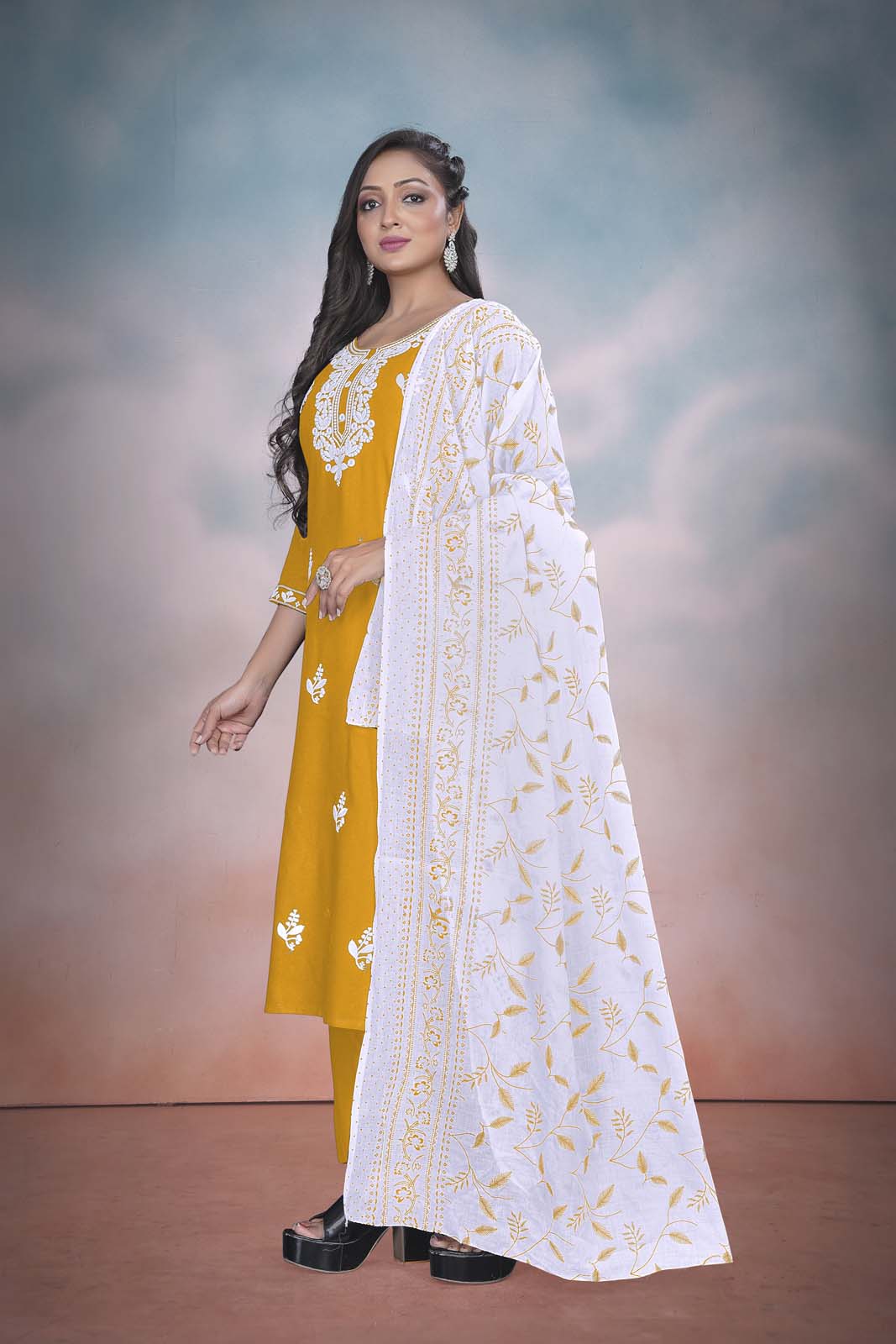 Label Khoj Women  heavy embroidery kurta trouser and Printed dupptta set