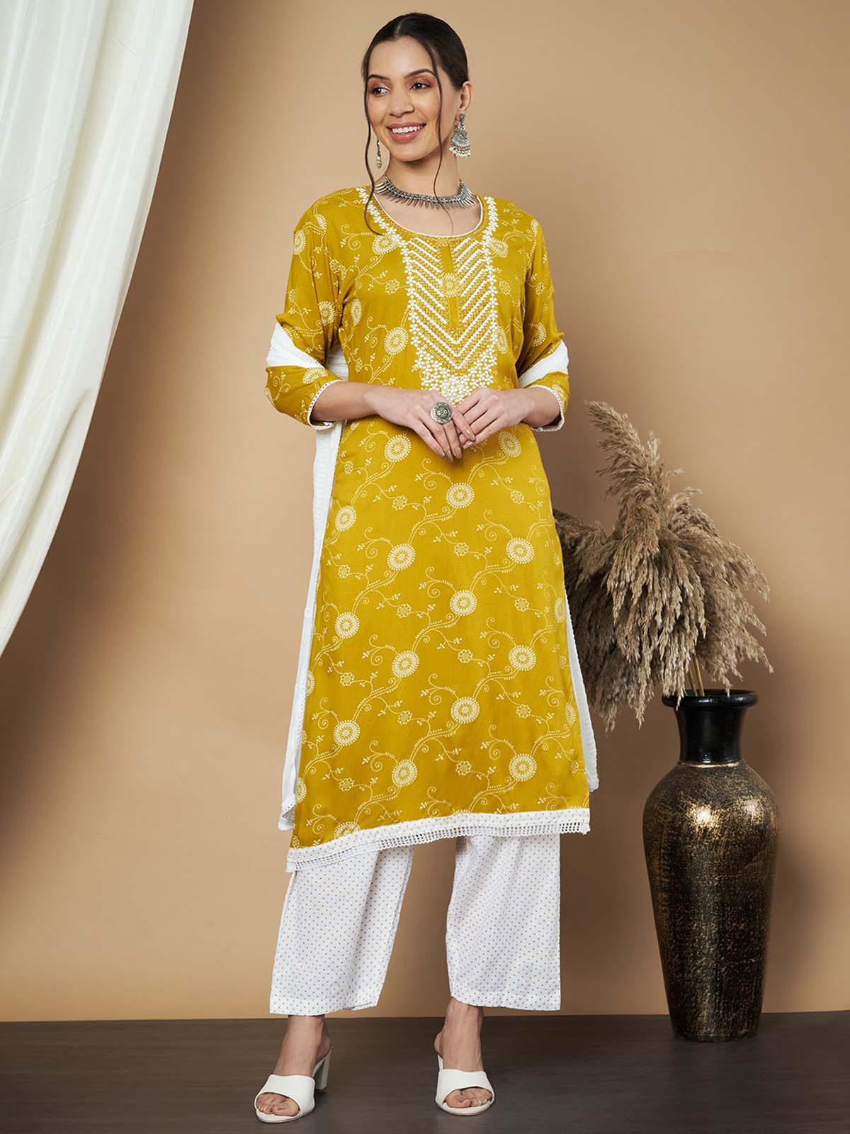 Label Khoj Ethnic Motifs Printed Sequins Embroidered Work Kurta,Trouser With  dupptta