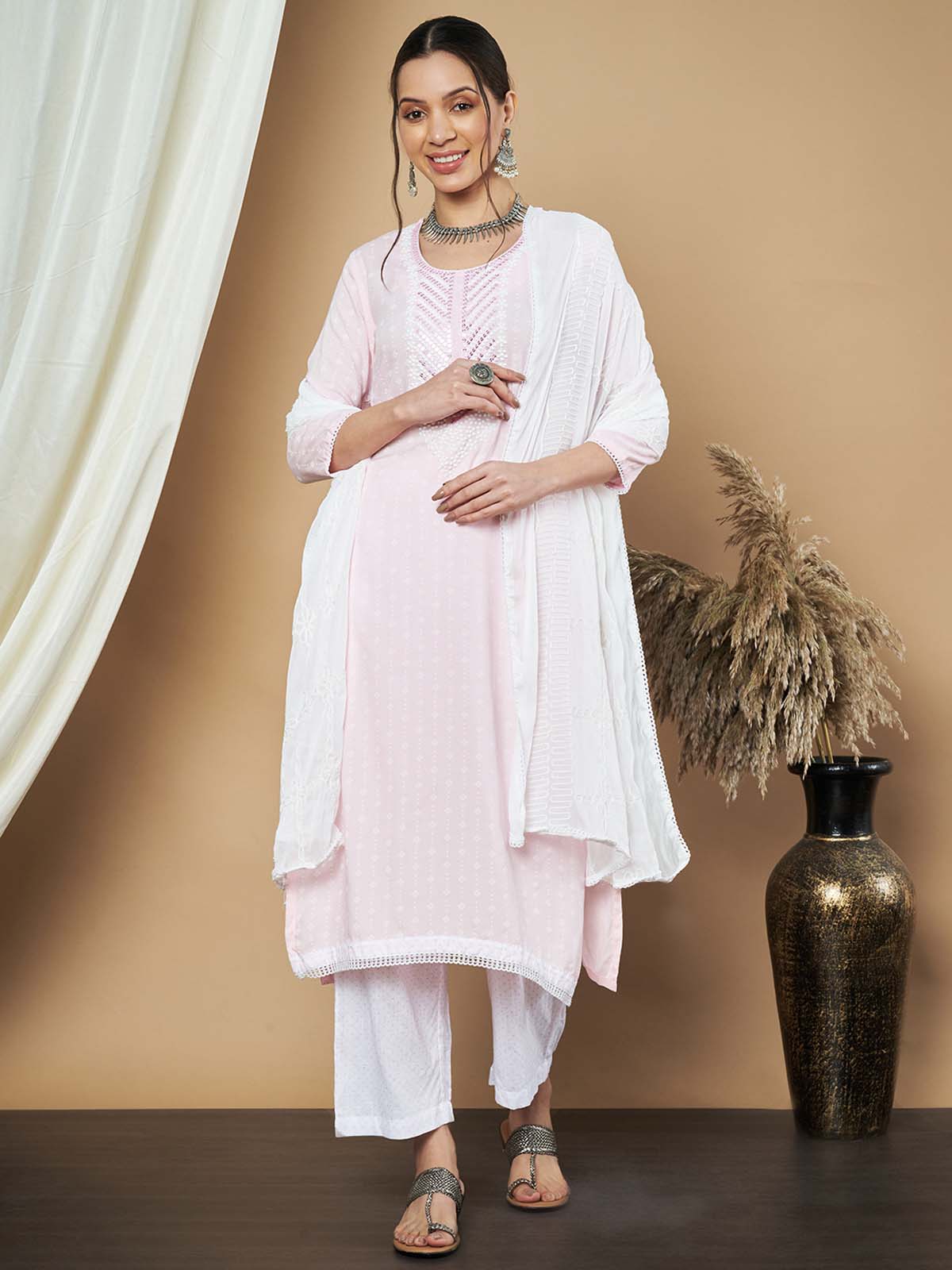 Label Khoj Ethnic Motifs Printed Sequins Embroidered Work Kurta,Trouser With  dupptta