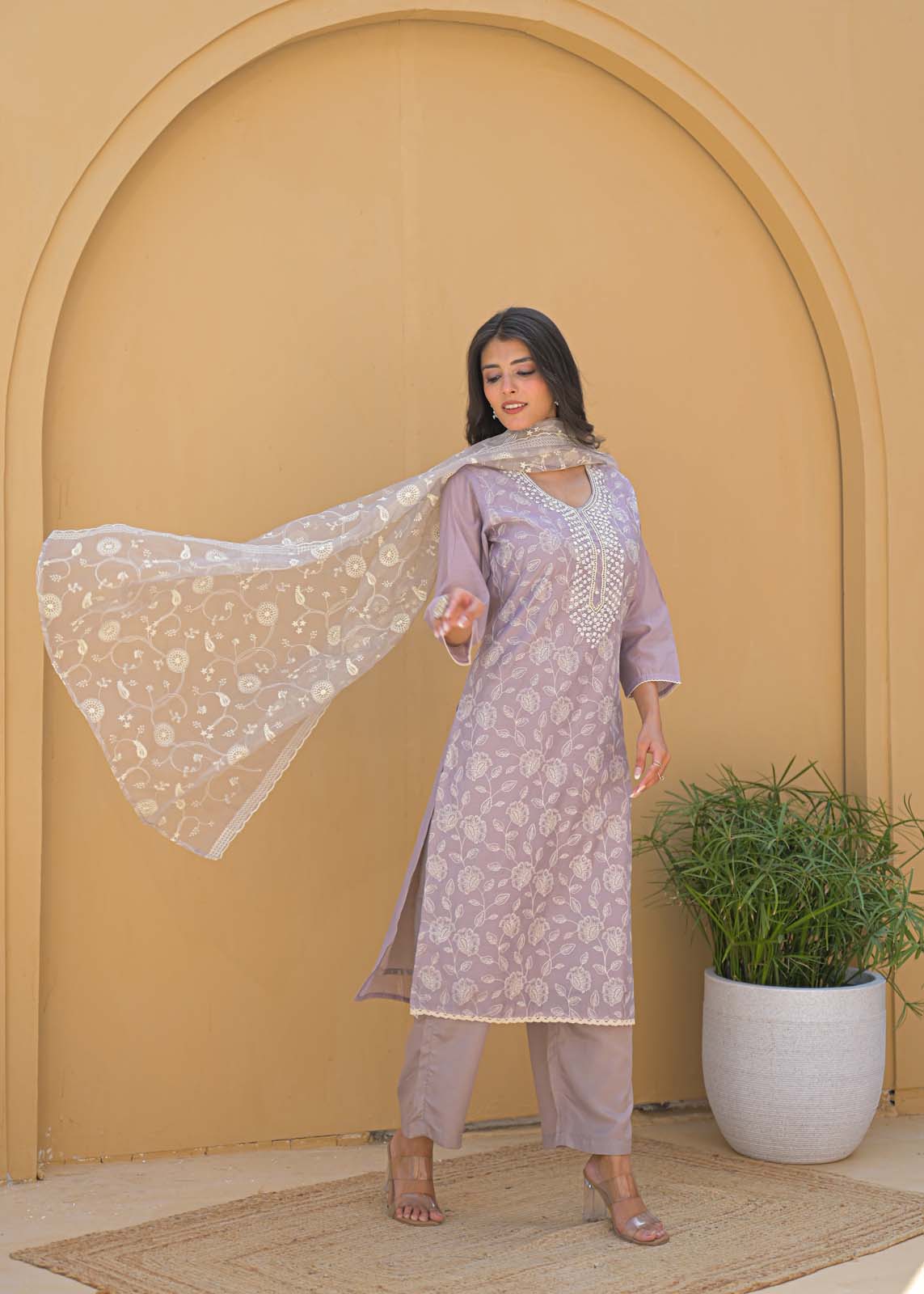 Label Khoj Women Chanderi kurta, trouser and dupptta set