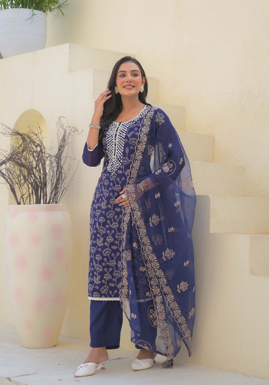 Label Khoj Women Chanderi kurta, trouser and dupptta set