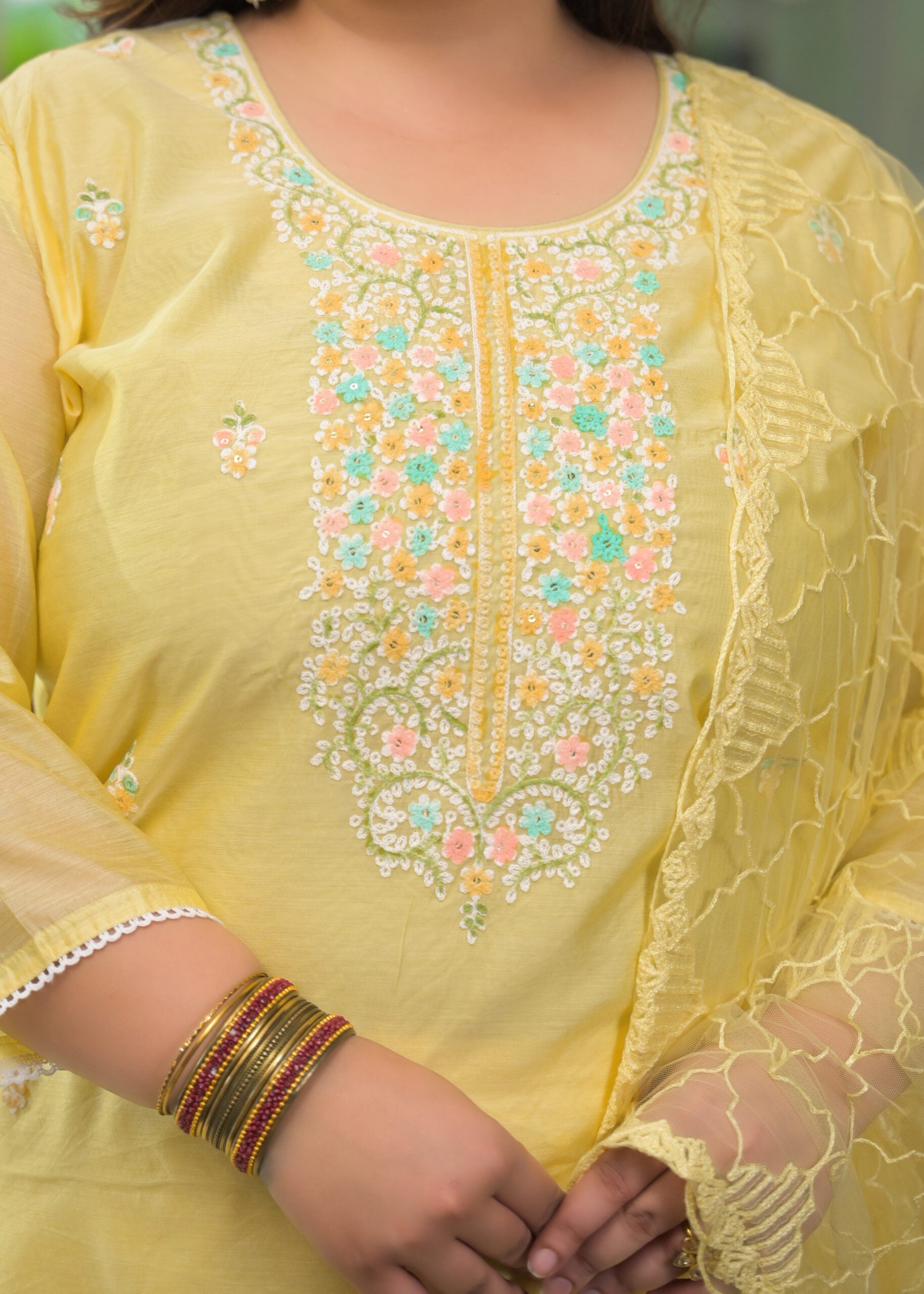 Label Khoj Women's Chanderi Embroidered Kurta with Pant and Dupatta