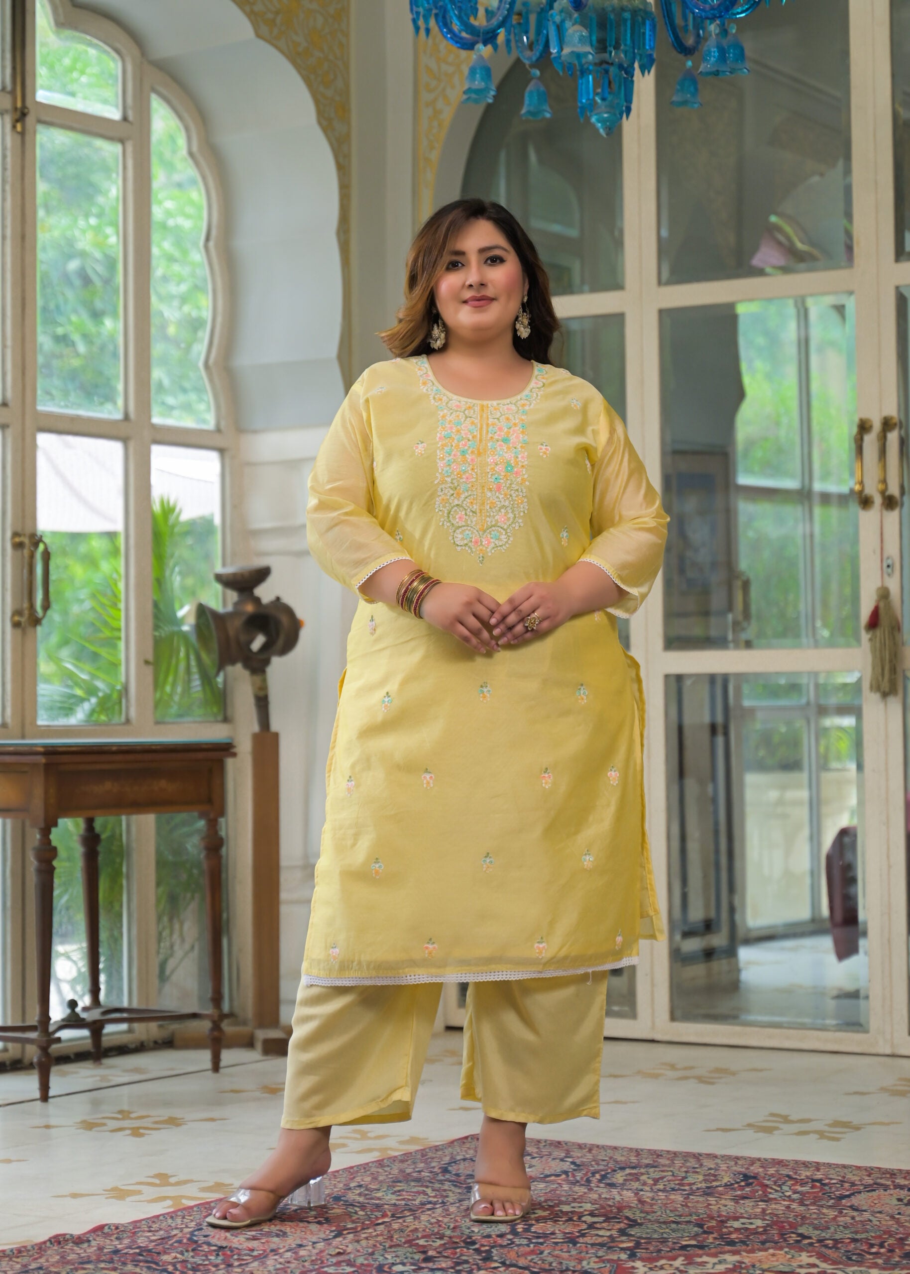Label Khoj Women's Chanderi Embroidered Kurta with Pant and Dupatta