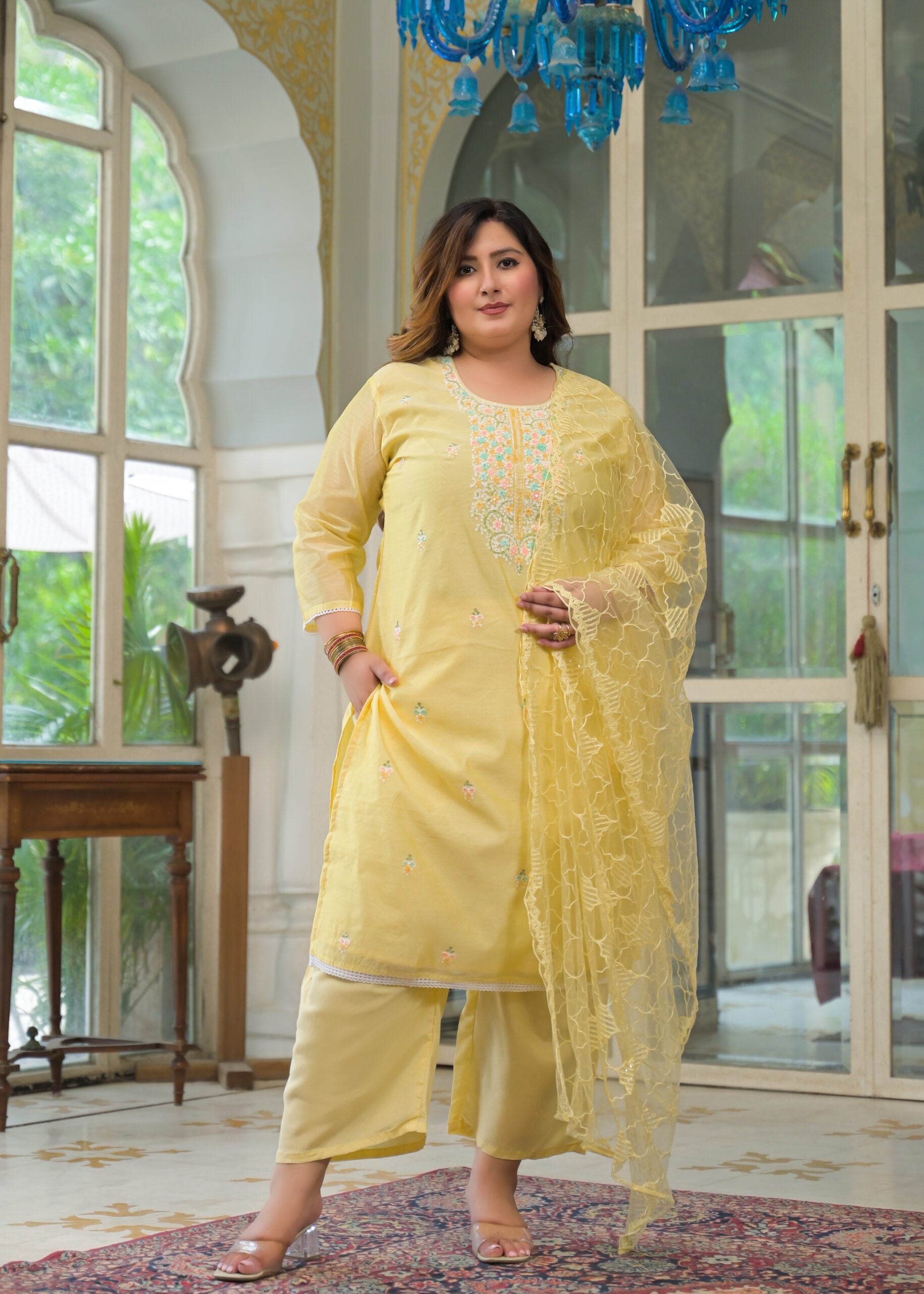 Label Khoj Women's Chanderi Embroidered Kurta with Pant and Dupatta