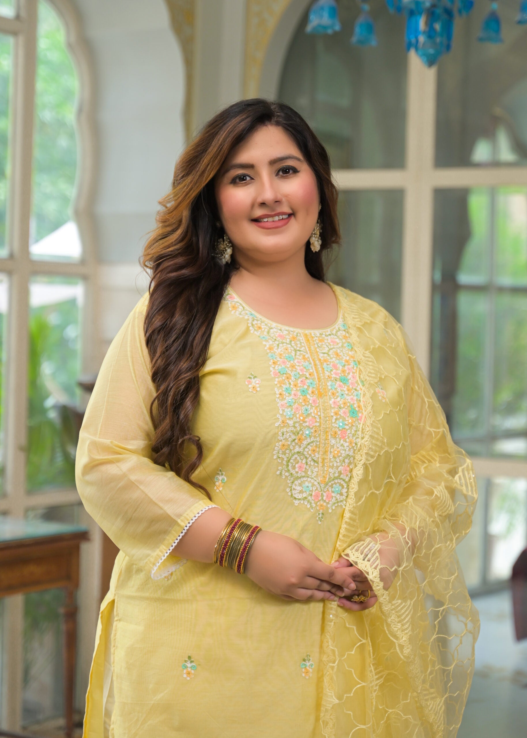 Label Khoj Women's Chanderi Embroidered Kurta with Pant and Dupatta
