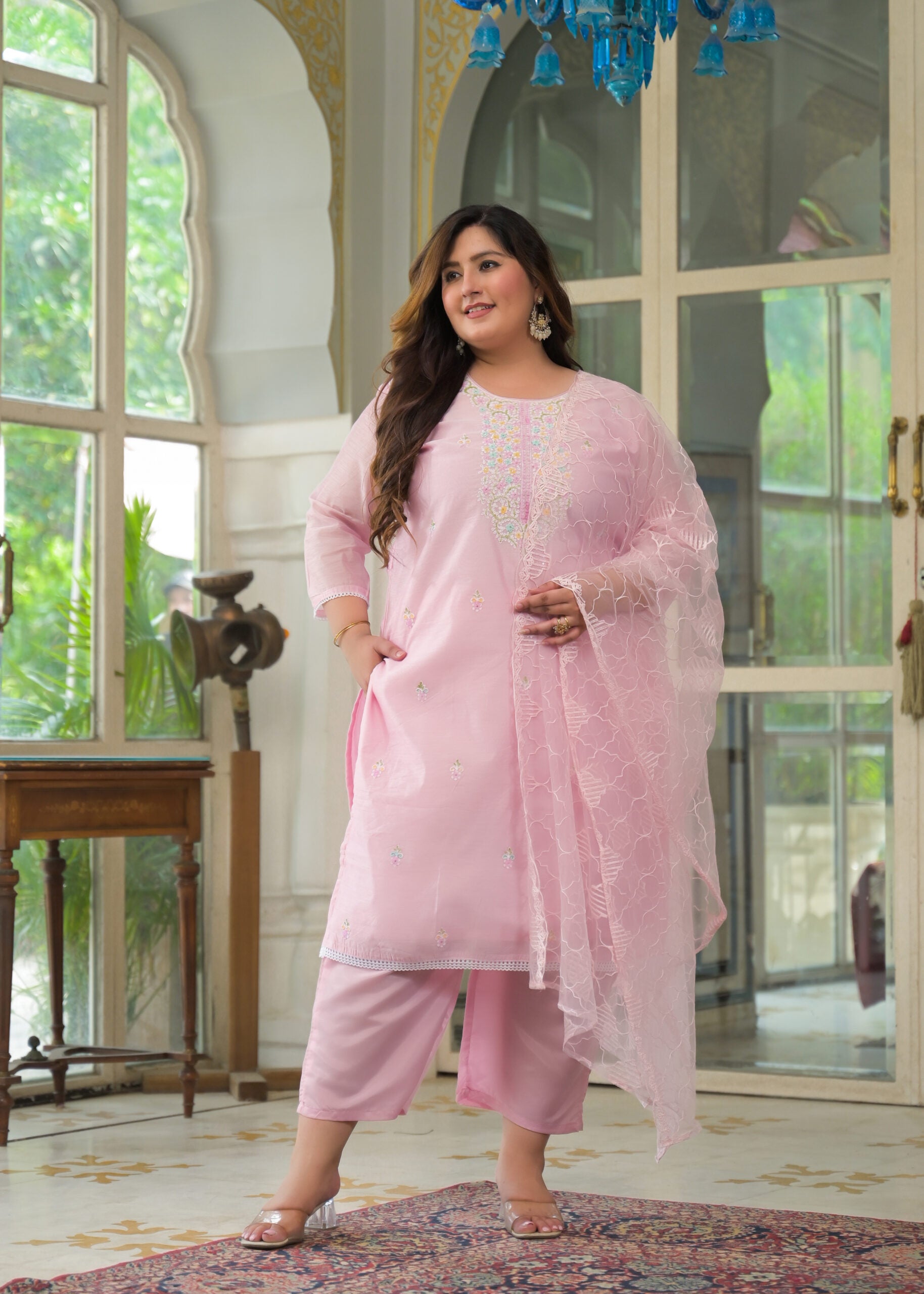 Label Khoj Women's Chanderi Embroidered Kurta with Pant and Dupatta