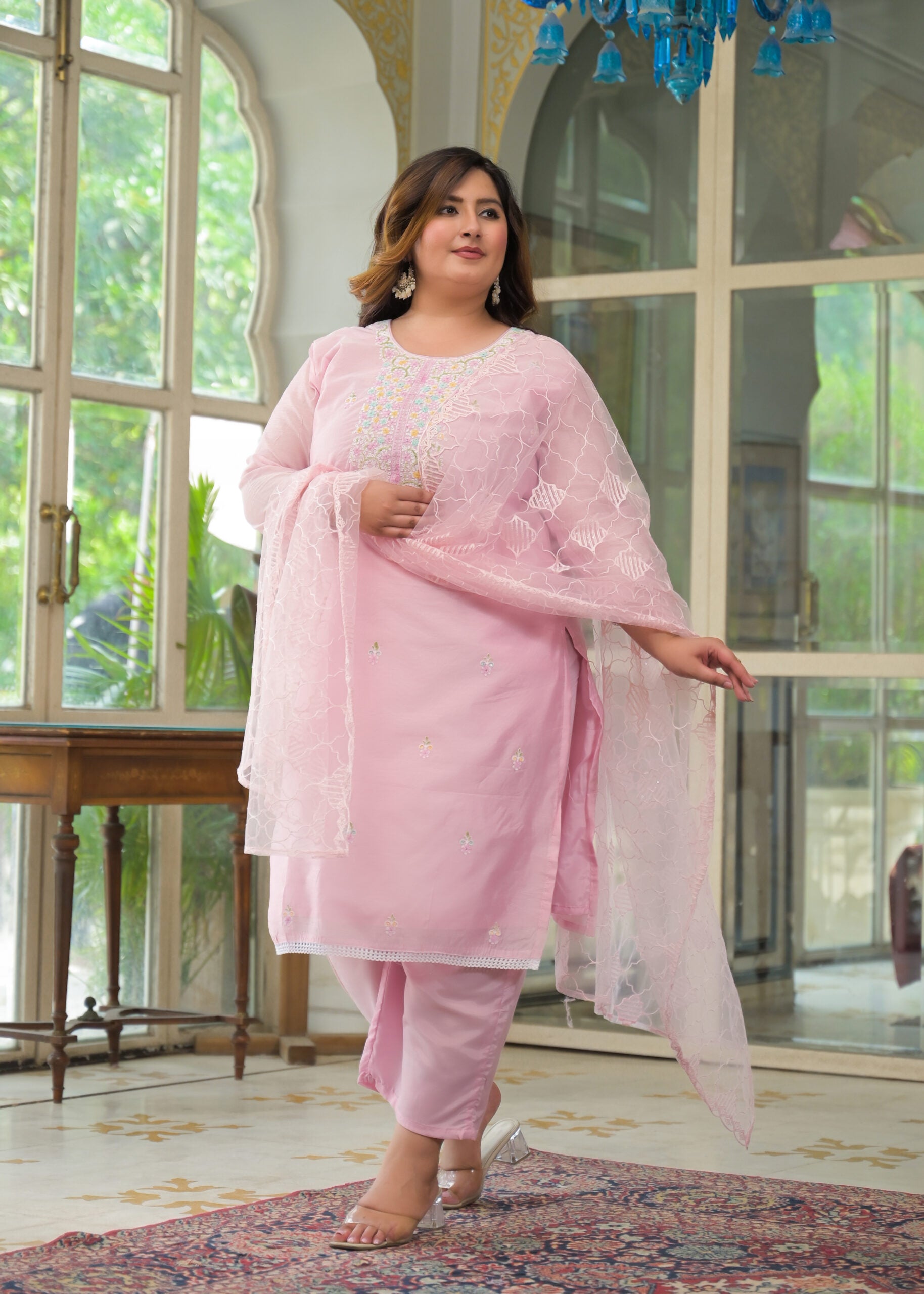 Label Khoj Women's Chanderi Embroidered Kurta with Pant and Dupatta