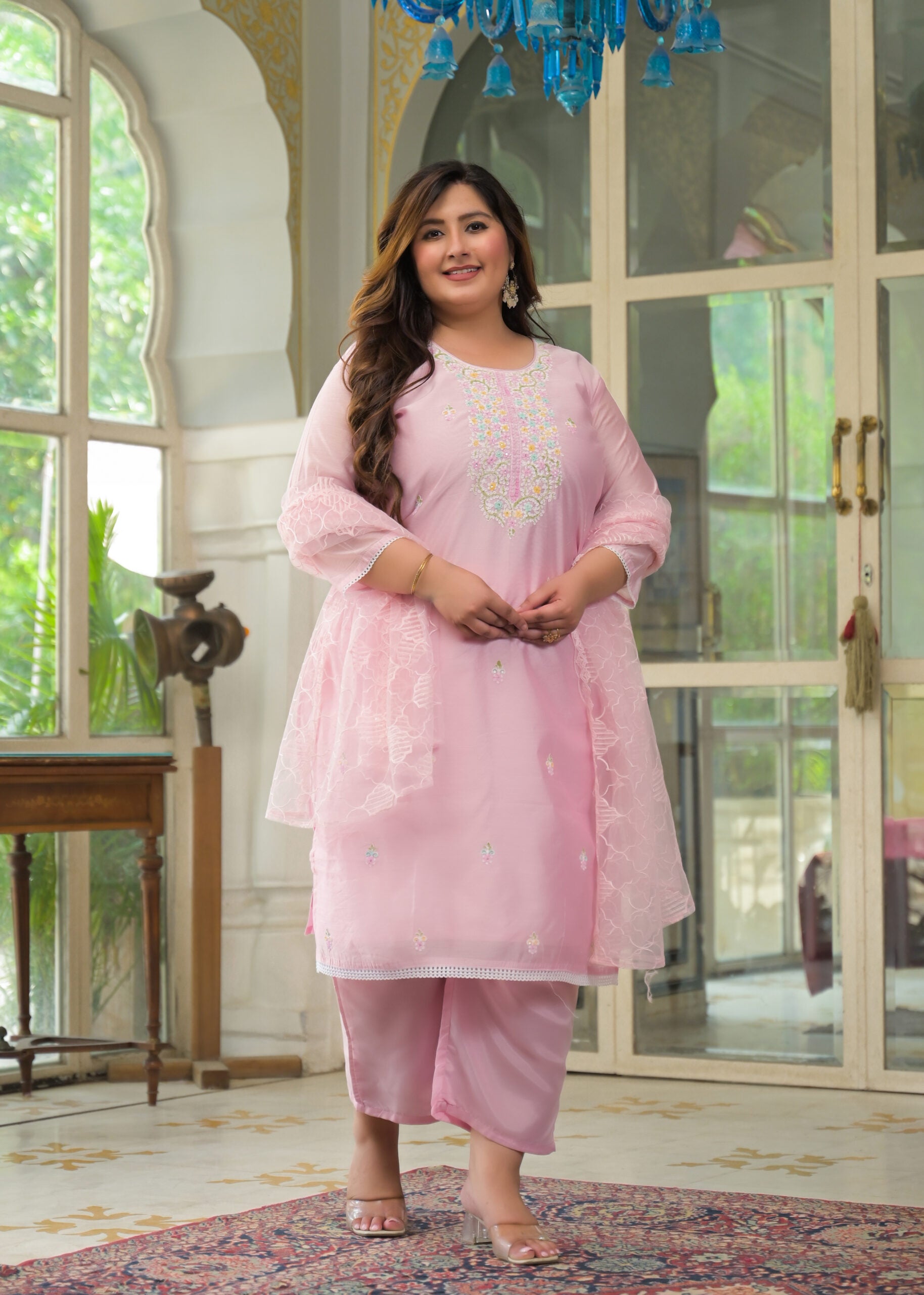 Label Khoj Women's Chanderi Embroidered Kurta with Pant and Dupatta