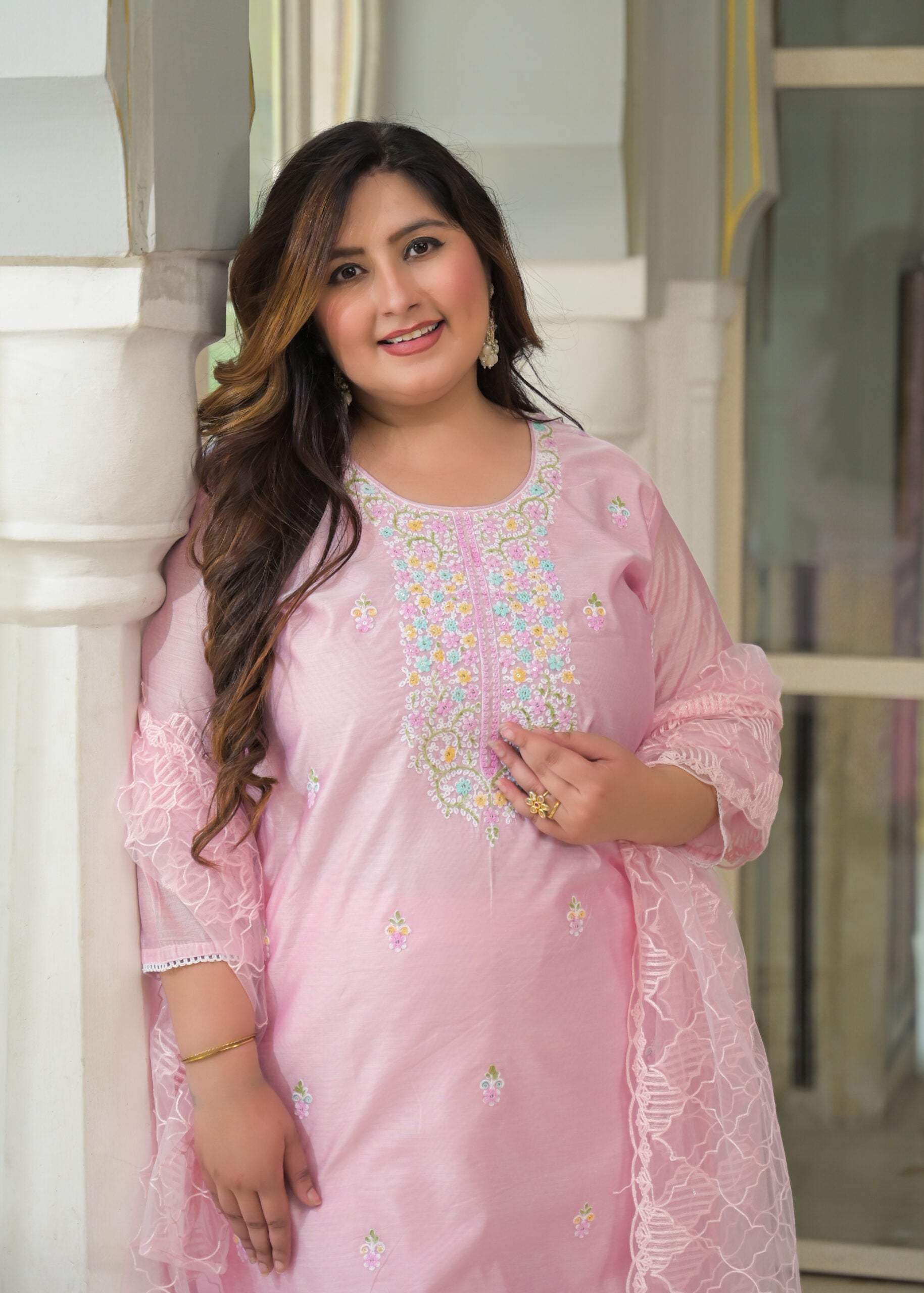 Label Khoj Women's Chanderi Embroidered Kurta with Pant and Dupatta
